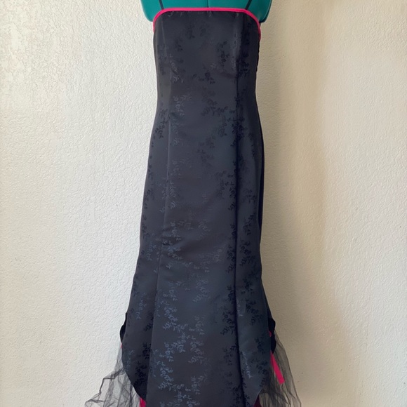 VINTAGE SATIN Y2K TULLE BOW BLACK FLORAL MERMAID FORMAL DRESS - Picture 7 of 8